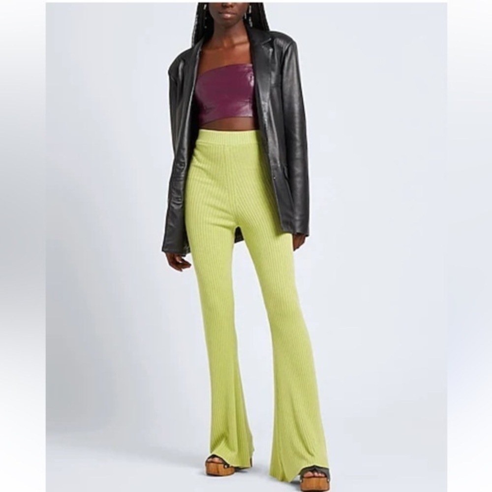 Aerie Ribbed Knit Flare Leg Pants Flared Pants Bell Neon Lime Yellow Medium